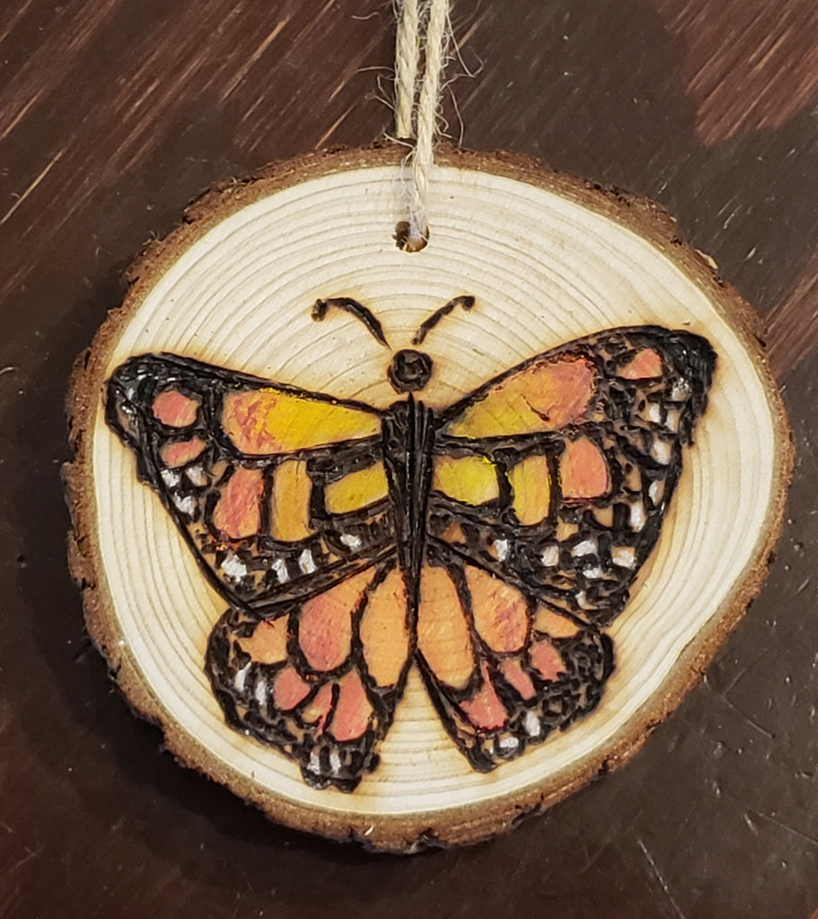 Monarch butterfly wood burned round ornaments (personalize for free)