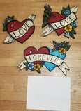 Retro Tattoo Hearts Wood Art by Valerie Doyon