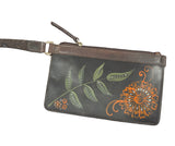 Leather wrist purse Hand painted by Valerie Doyon