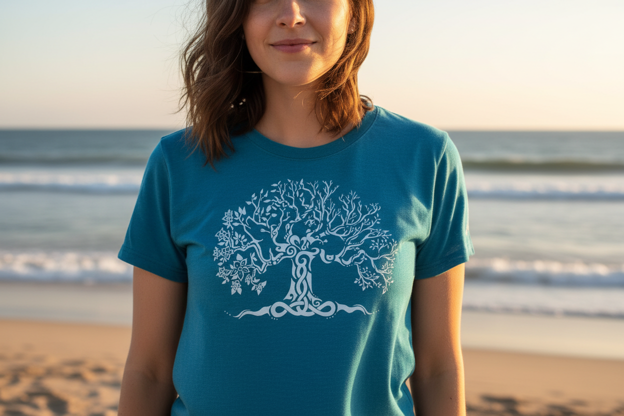 T-shirt Donna Spiral Tree Of Life Nera, Larga, In Viscosa Con Cervo E Albero Della Vita
