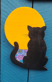 'Meow' Black Cat full moon wood carving By Valerie Doyon