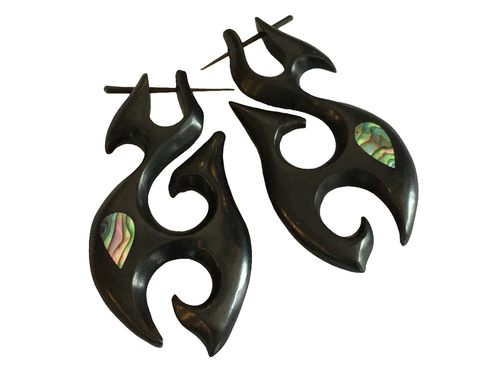 Tribal Wooden Earrings with Abalone Inlay