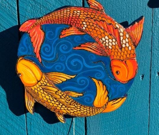Yin Yang Pisces Fish Wood Art- one of a kind by Valerie Doyon