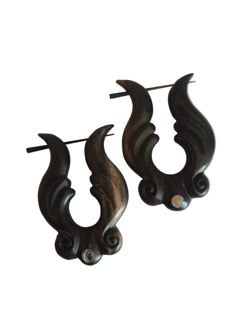 Wood carved earrings with Abalone inlay
