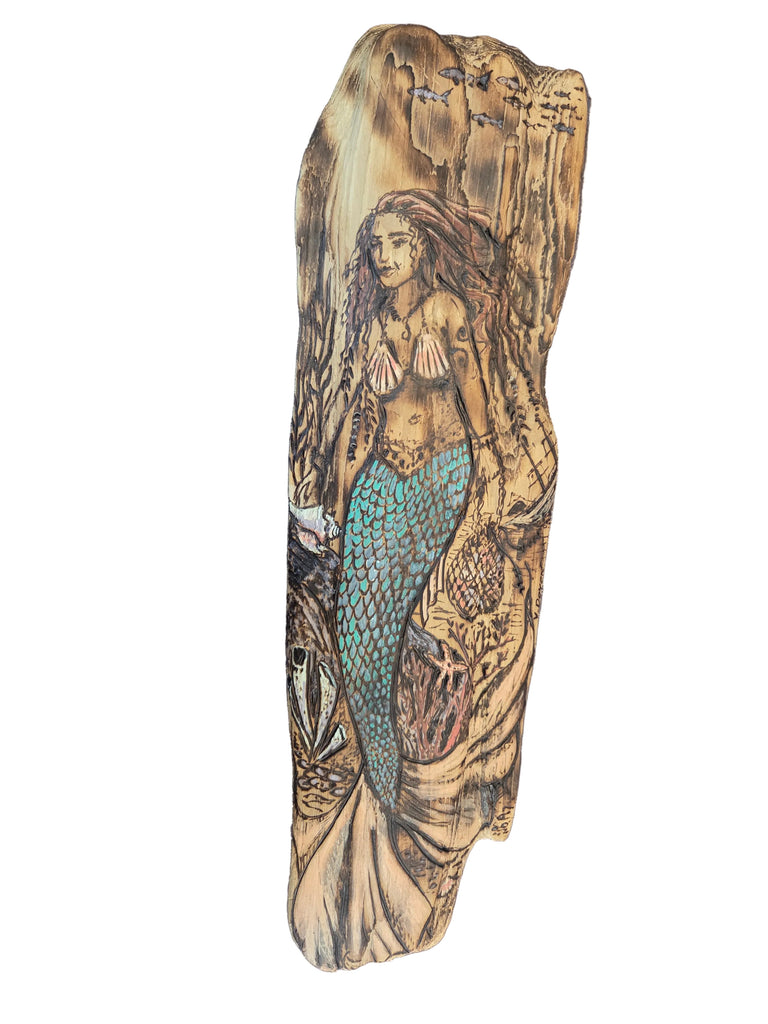 Mermaid "Treasure Hunt" woodburned in driftwood by Valerie Doyon