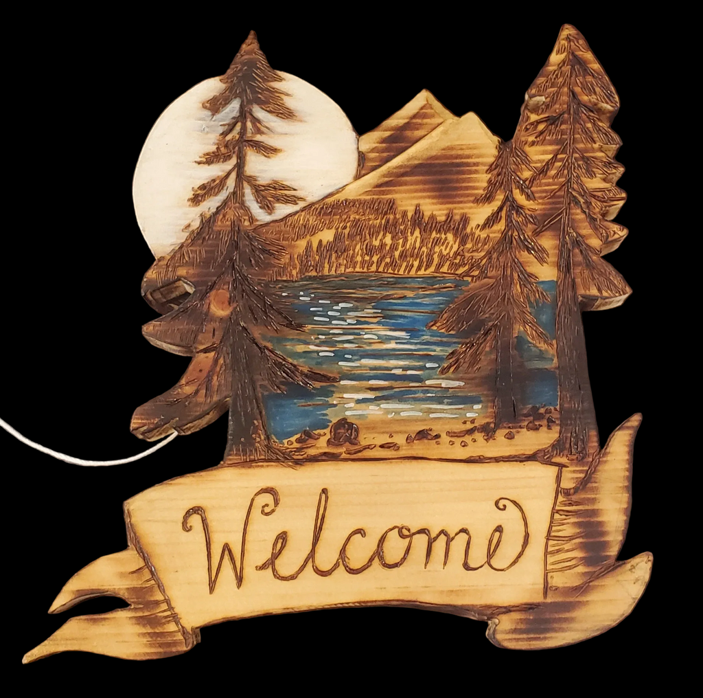 Lakeside Welcome wood art by Valerie Doyon