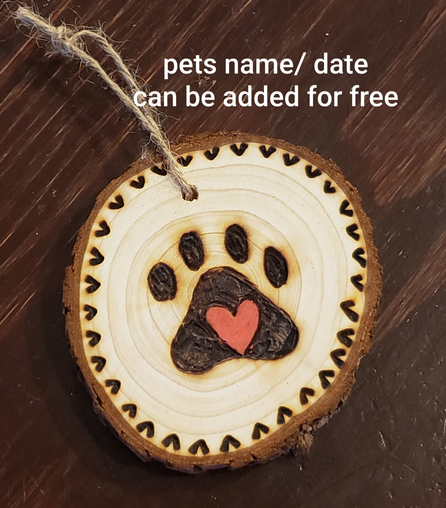 Paw print wood burned round ornaments (personalize for free)