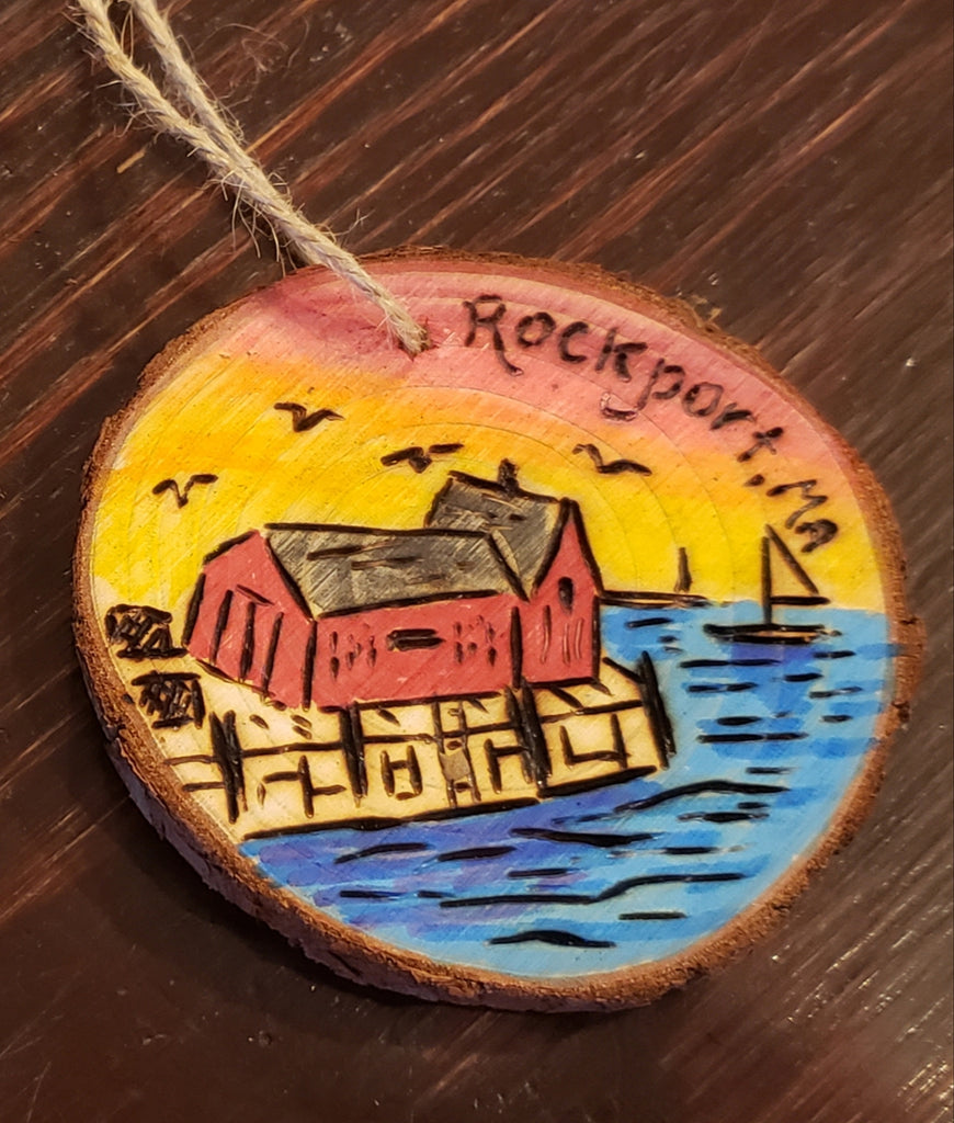Rockport motif #1 Sunrise wood burned round ornaments (personalize for free)