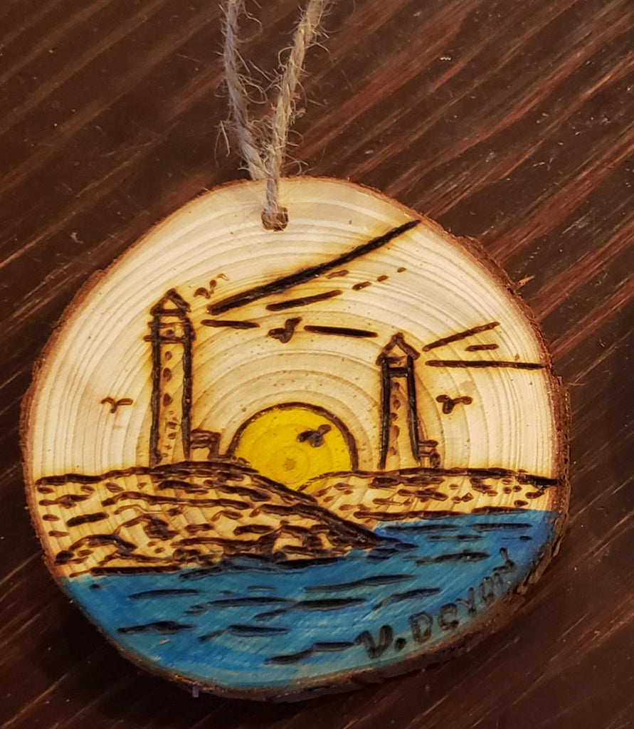 Rockport Twin Lighthouses Sunrise wood burned round ornaments (personalize for free)