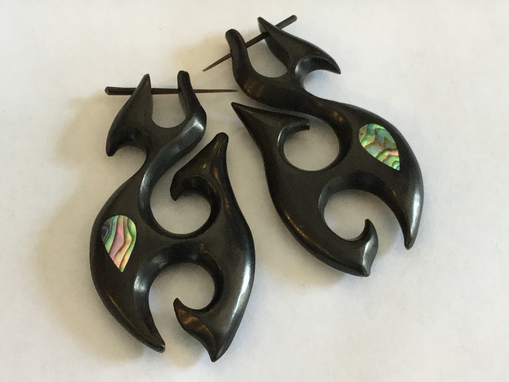 Tribal Wooden Earrings with Abalone Inlay