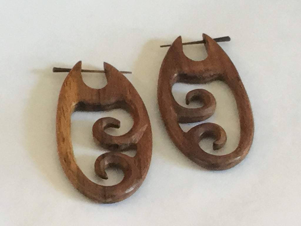 Carved Double Spiral Wooden Earrings